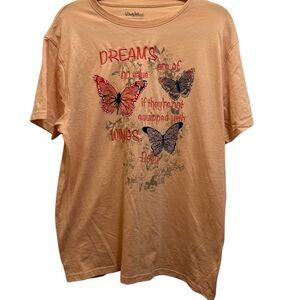 Dollywood Women's L Peach Butterfly Graphic Tee Inspirational Casual